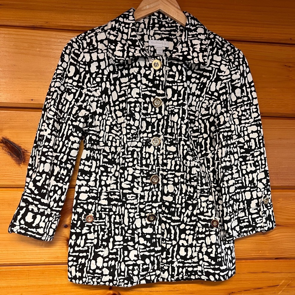 Charter Club M Black and White Jacket with Gold Button Accents; 3/4 Sleeve